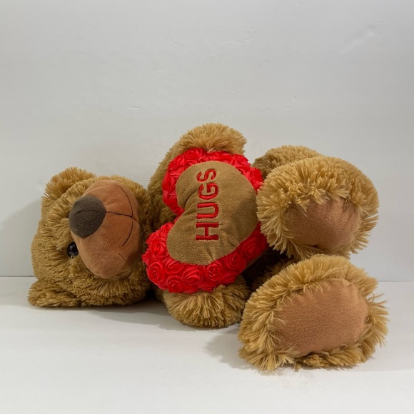 Brown Bear Holding Red Rose Heart Pillow Plush Stuffed Animal. - Picture 7 of 12